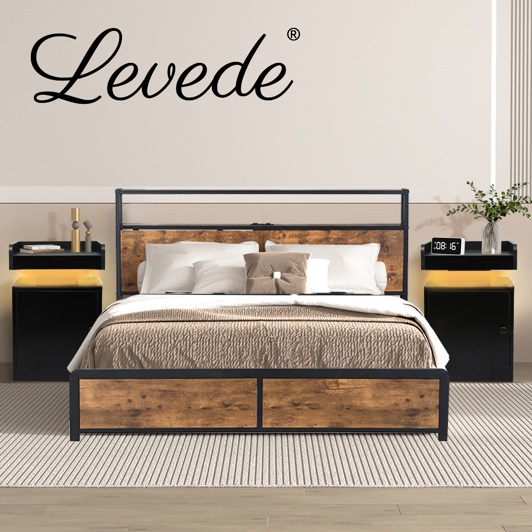 Levede Nightstand RGB LED Bedside Table USB Charge Side Table Drawer Cabinet - Picture 20 of 38
