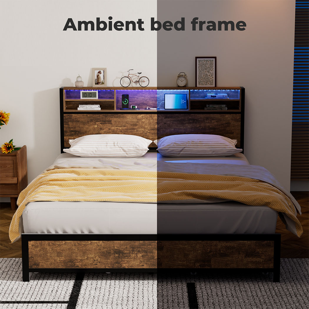 Levede Double Queen Bed Frame RGB LED 4 Storage Drawers USB Charge Headboard - Picture 18 of 33