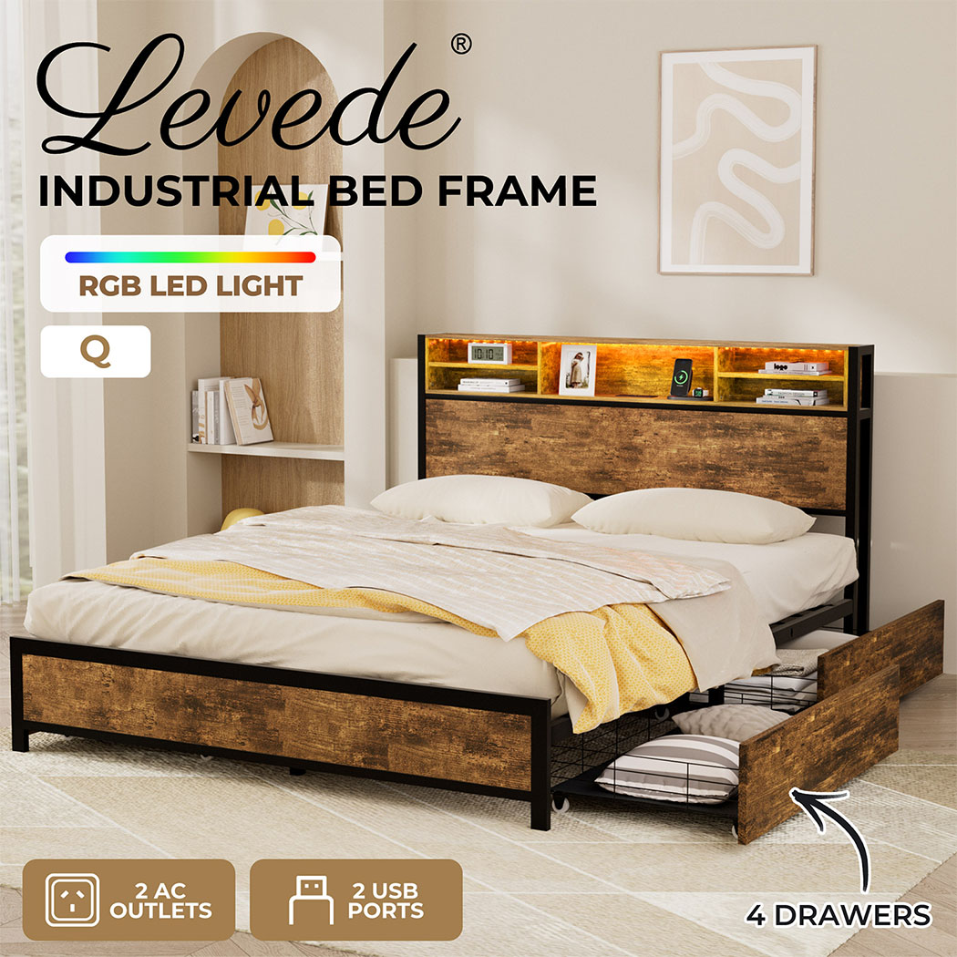 Levede Double Queen Bed Frame RGB LED 4 Storage Drawers USB Charge Headboard - Picture 23 of 33