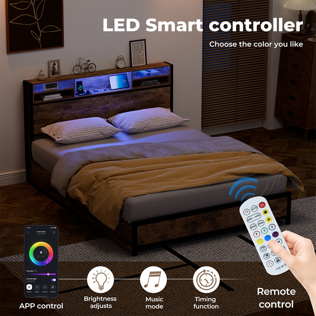 Levede Double Queen Bed Frame RGB LED 4 Storage Drawers USB Charge Headboard - Picture 25 of 33