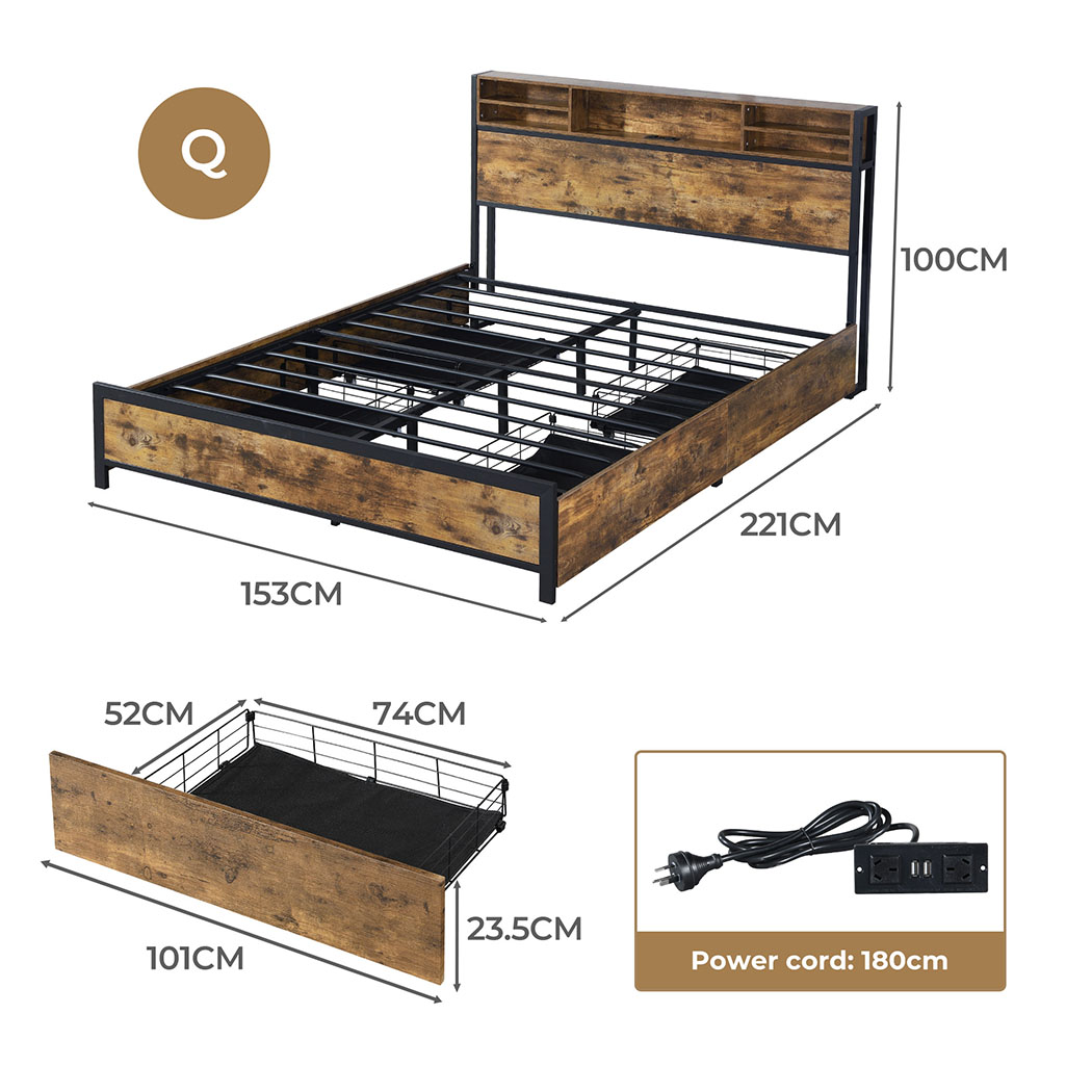 Levede Double Queen Bed Frame RGB LED 4 Storage Drawers USB Charge Headboard - Picture 31 of 33