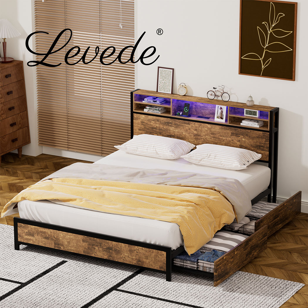 Levede Double Queen Bed Frame RGB LED 4 Storage Drawers USB Charge Headboard - Picture 32 of 33