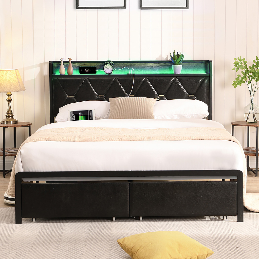 Levede Queen Bed Frame Double Metal Storage Drawers Headboard RGB LED Charging