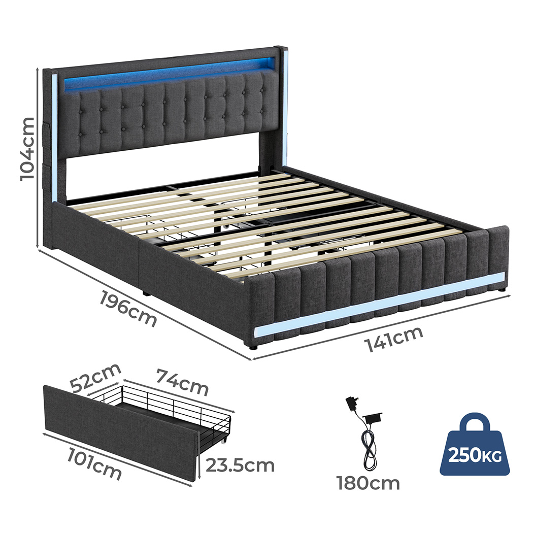 Levede Double Queen Bed Frame RGB LED 4 Drawers USB Upholstered Headboard Wooden