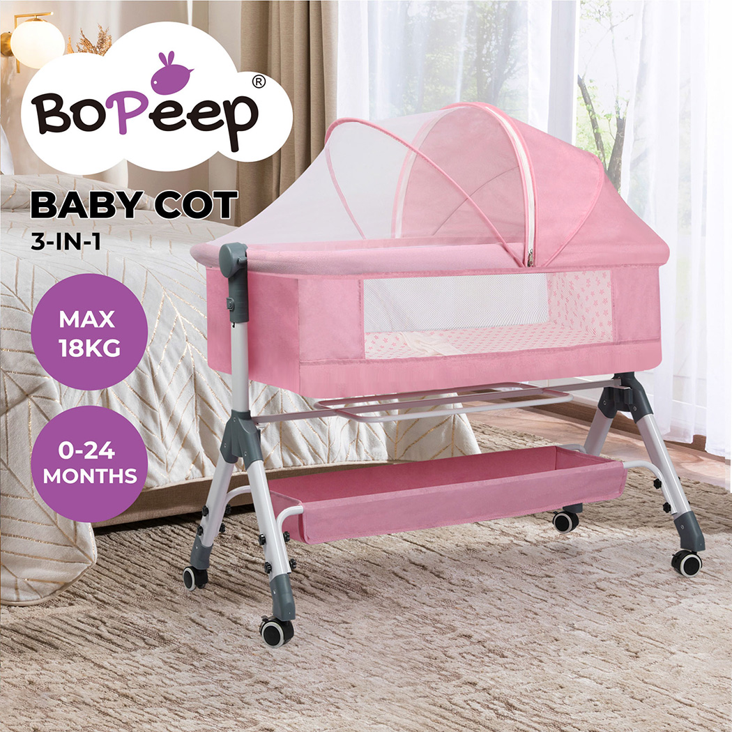 Bopeep Baby Cot Bed Crib Portable Bassinet Safety Fence Adjustable Bedside Pink - Picture 20 of 31