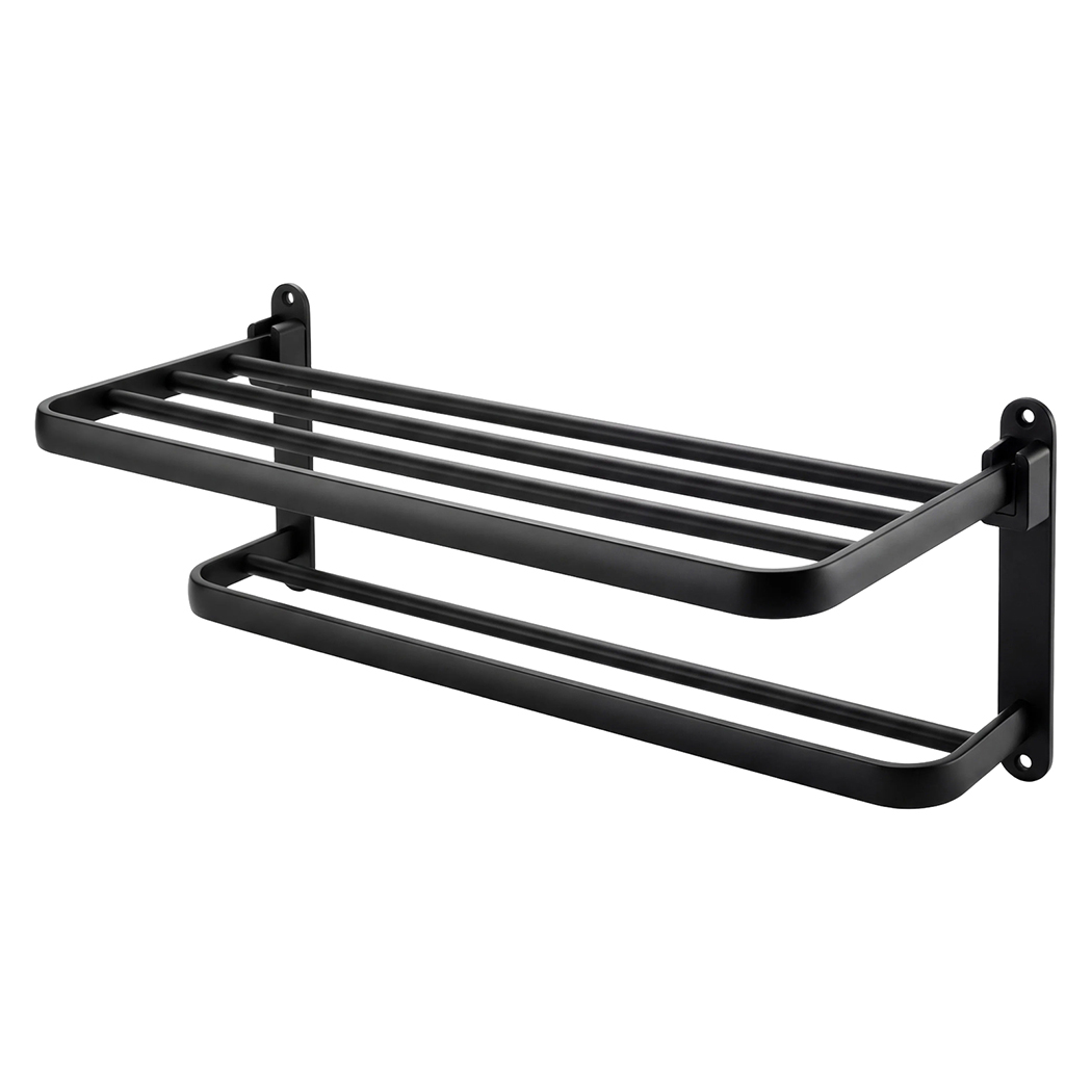 Levede Towel Rack Bathroom 2 Bars Rail Holder Wall Mounted Storage Shelf Black