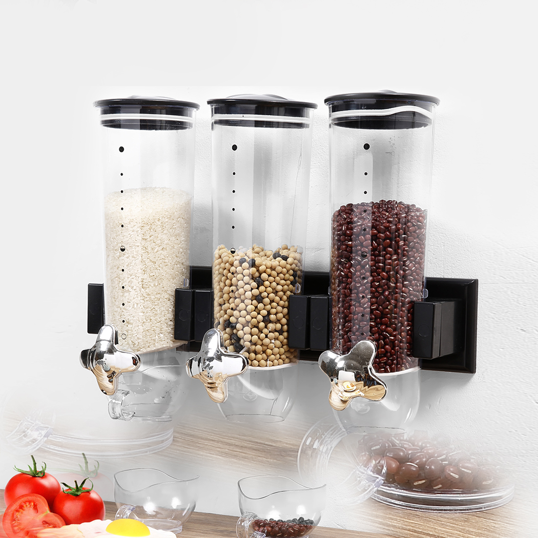 TOQUE Triple Cereal Dispenser Wall Mounted Dry Food Storage Container Bonus Cup
