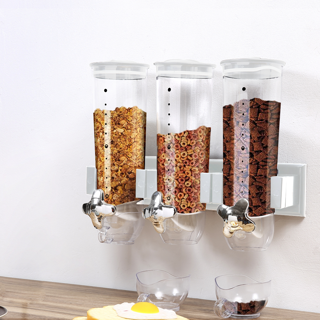 TOQUE Triple Cereal Dispenser Wall Mounted Dry Food Storage Container Bonus Cup