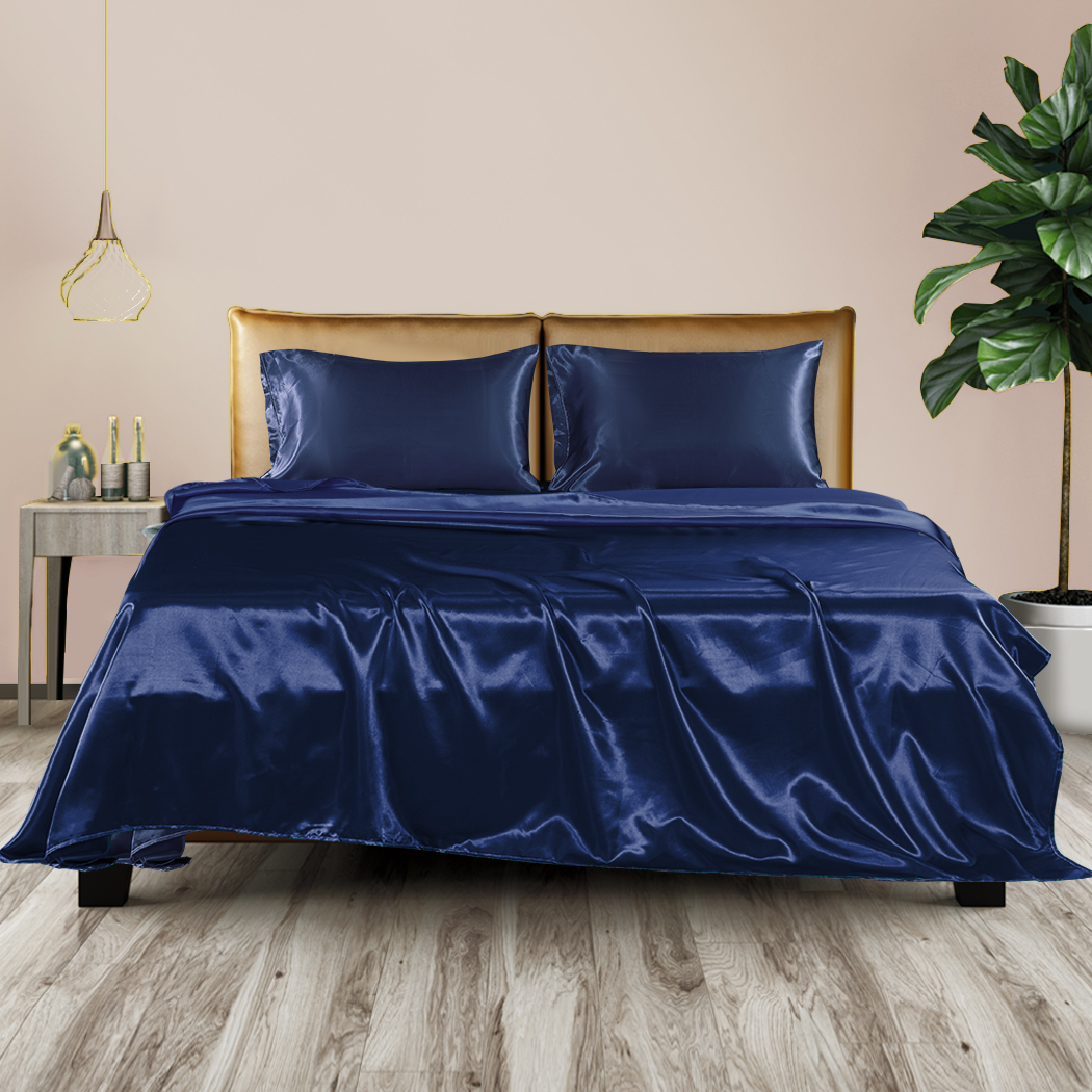 DreamZ Silky Satin Sheets Fitted Flat Bed Sheet Pillowcases Summer Double Blue