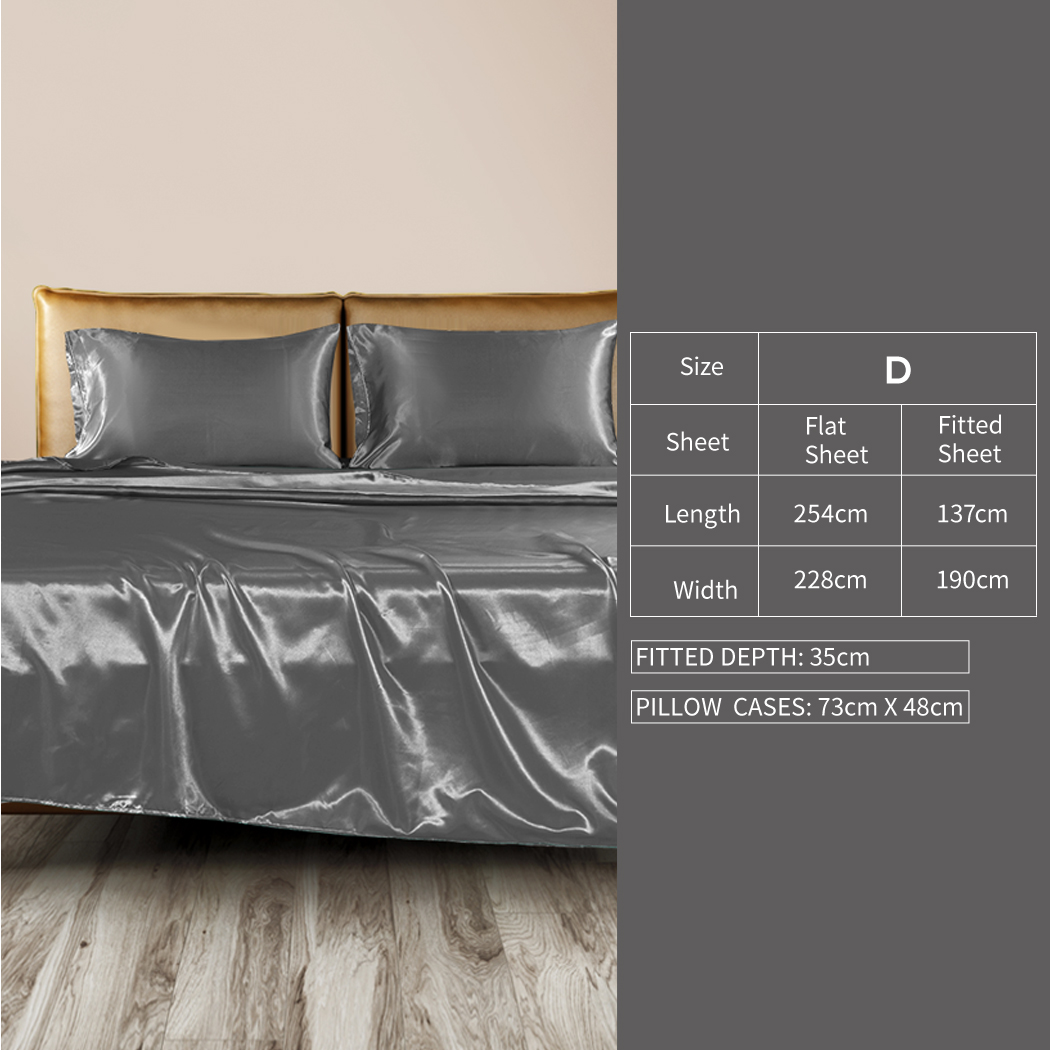 DreamZ Silky Satin Sheets Fitted Flat Bed Sheet Pillowcases Summer Double Grey