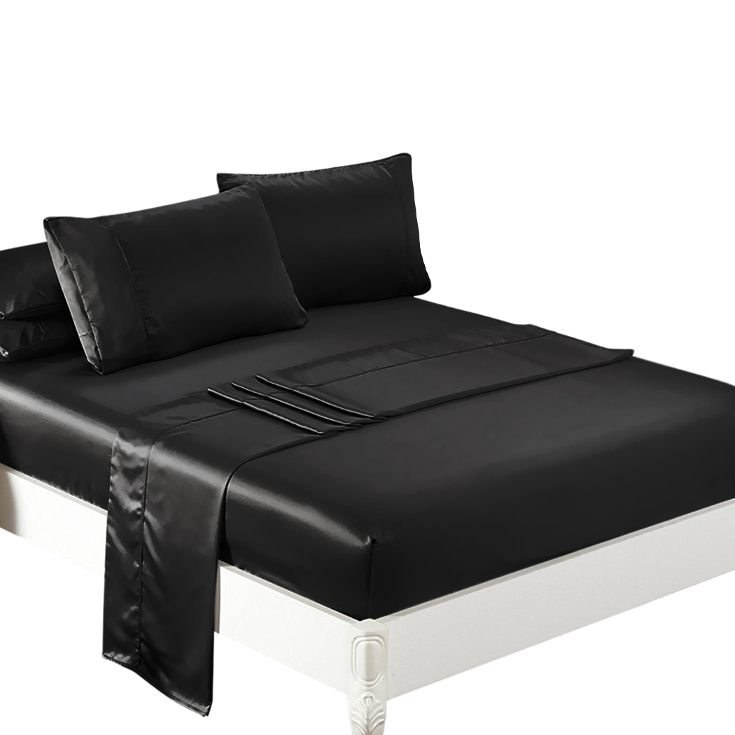 TopSellers-Satin Fitted Flat Sheet Set Queen - Soft Black Easy Care Bedding