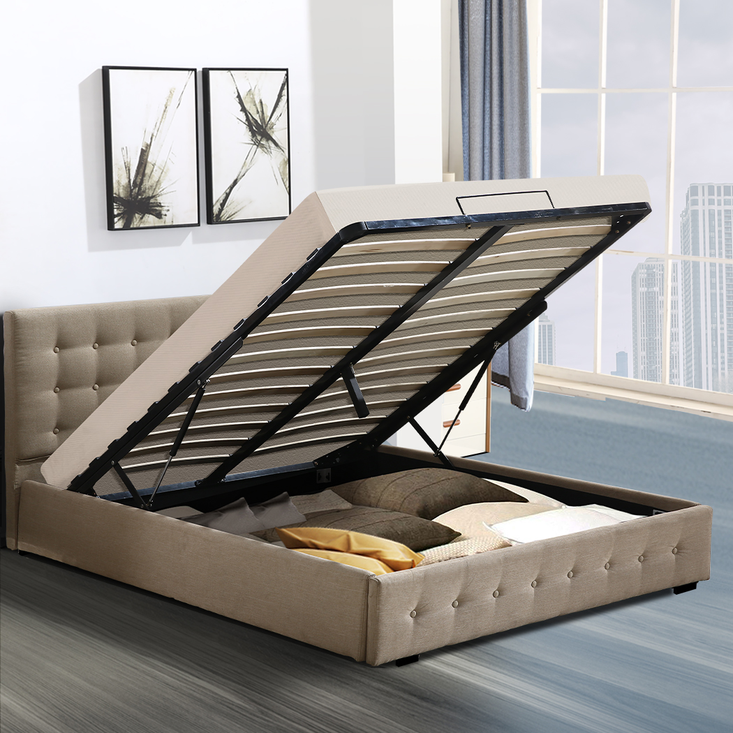 Levede Bed Frame Base With Gas Lift Storage Double Size Beige Platform Fabric