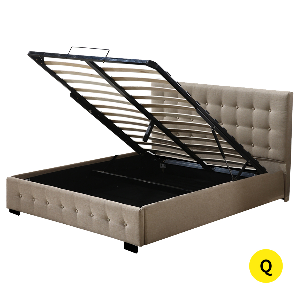 TopSellers-Queen Fabric Bed Frame - Beige Upholstered Modern Storage Comfort