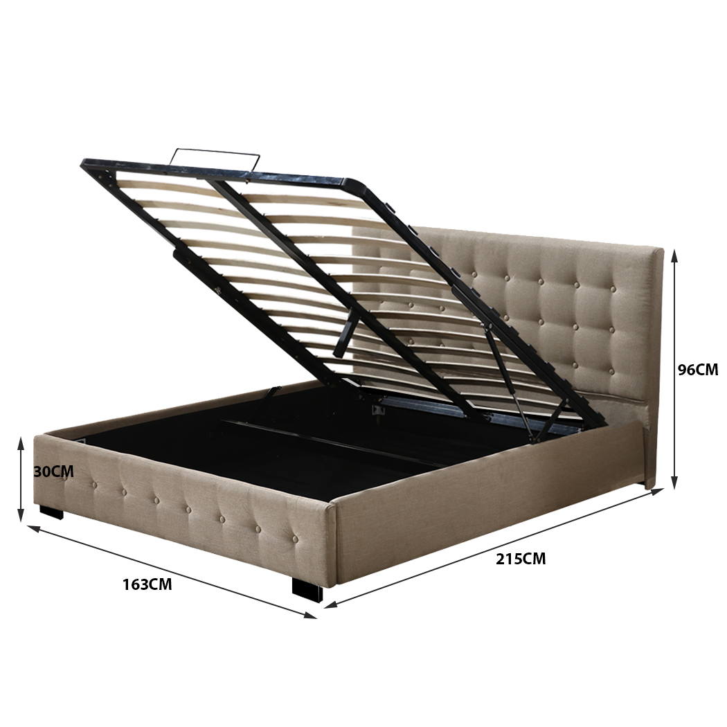 Levede Bed Frame Base With Gas Lift Storage Queen Size Beige Platform Fabric