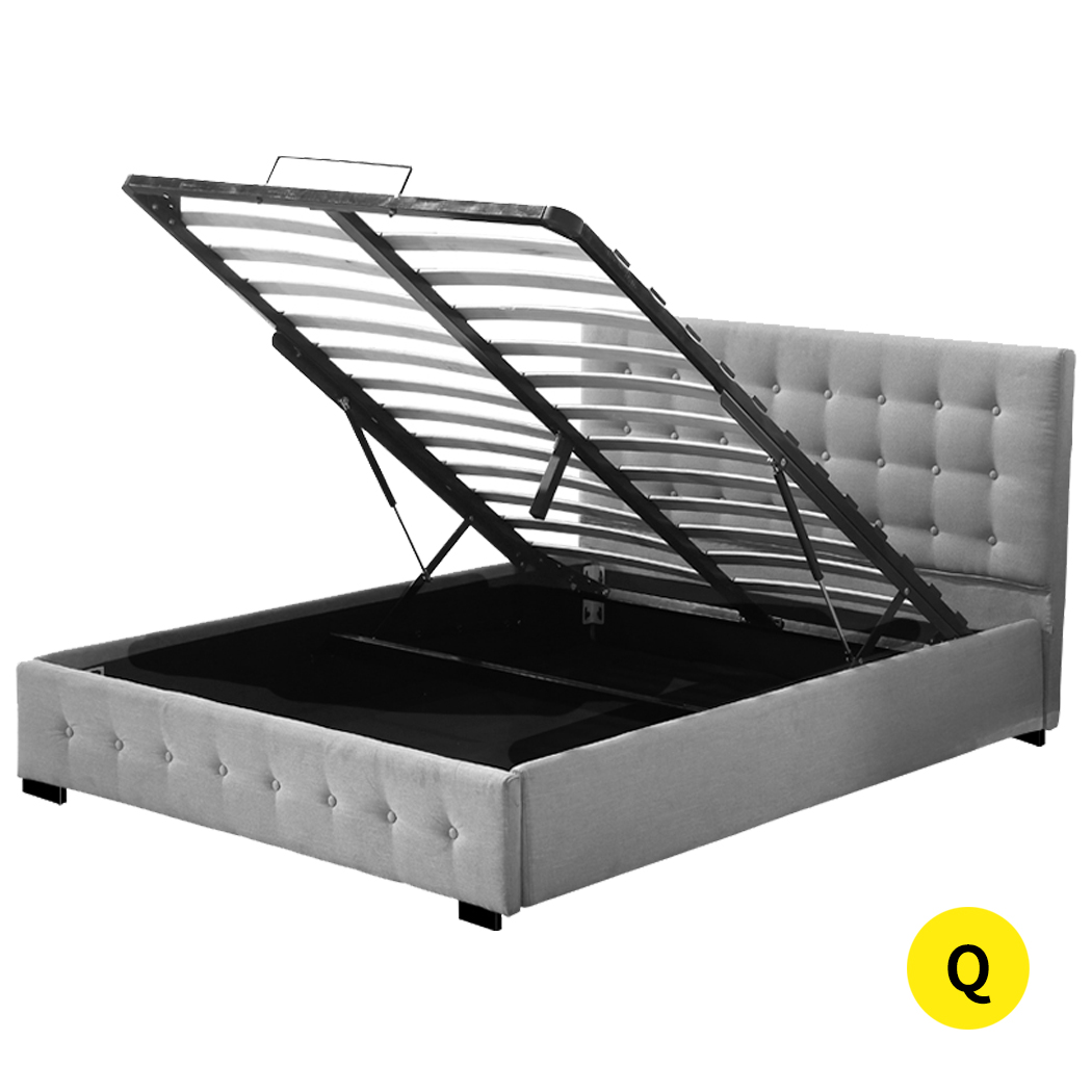 TopSellers-Queen Bed Frame Grey Fabric - Modern Tufted Storage Design 215x163cm