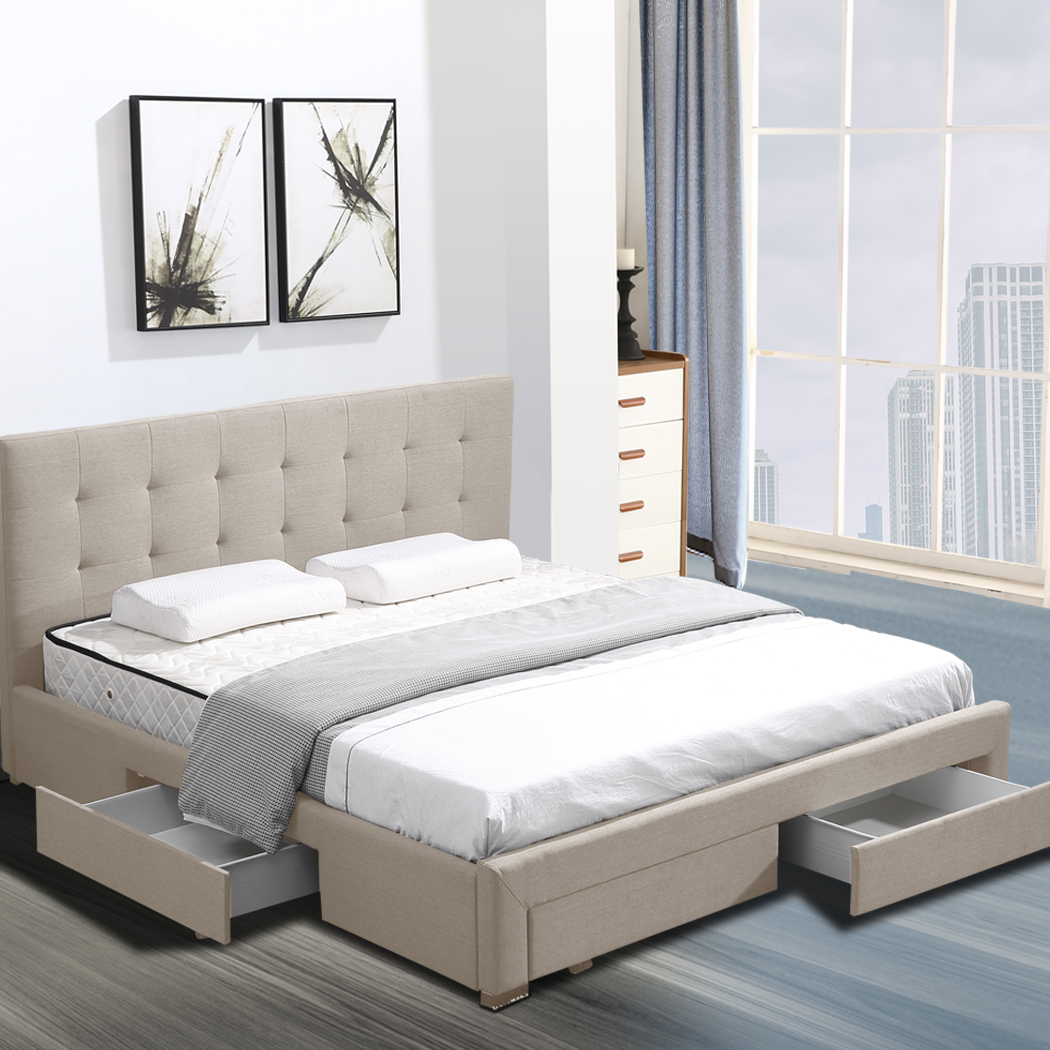 Levede Bed Frame King Fabric With Drawers Storage Wooden Mattress Beige