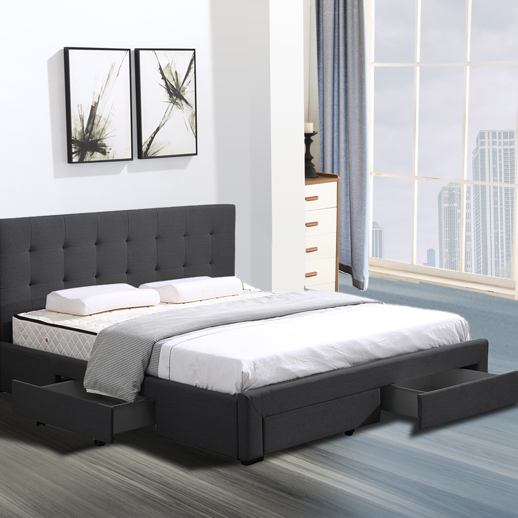 Levede Bed Frame King Fabric With Drawers Storage Wooden Mattress Dark Grey