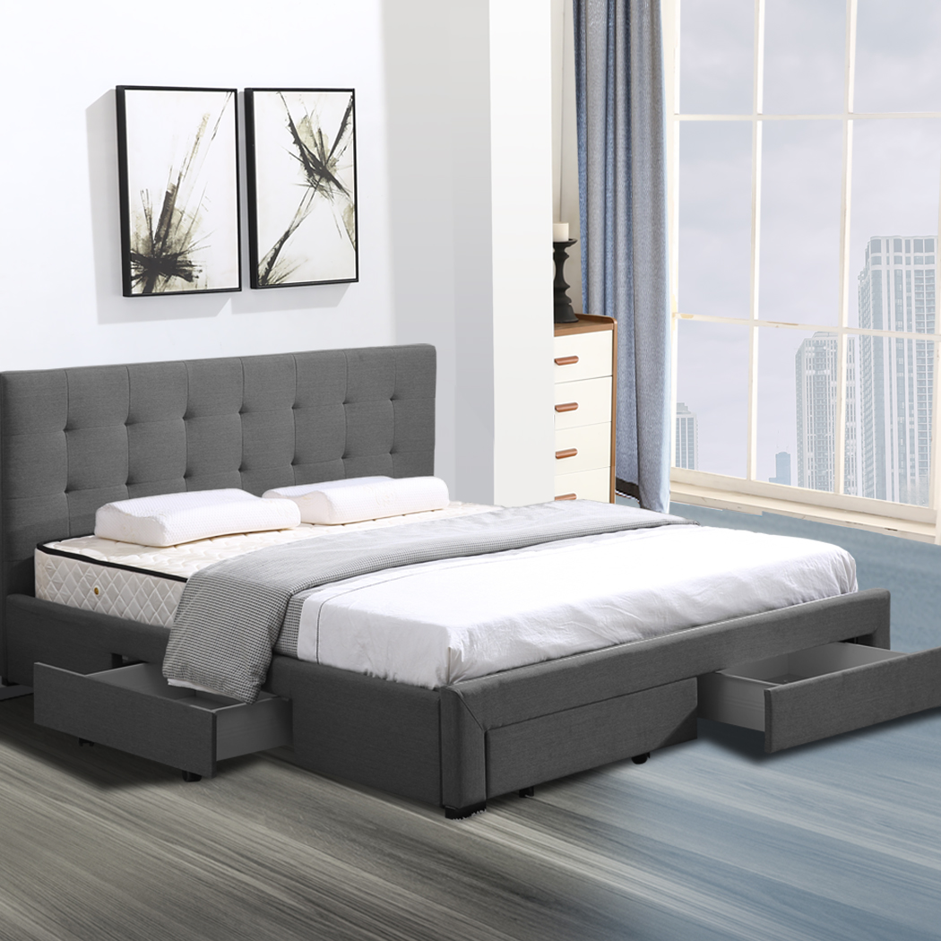 Levede Bed Frame King Fabric With Drawers Storage Wooden Mattress Grey