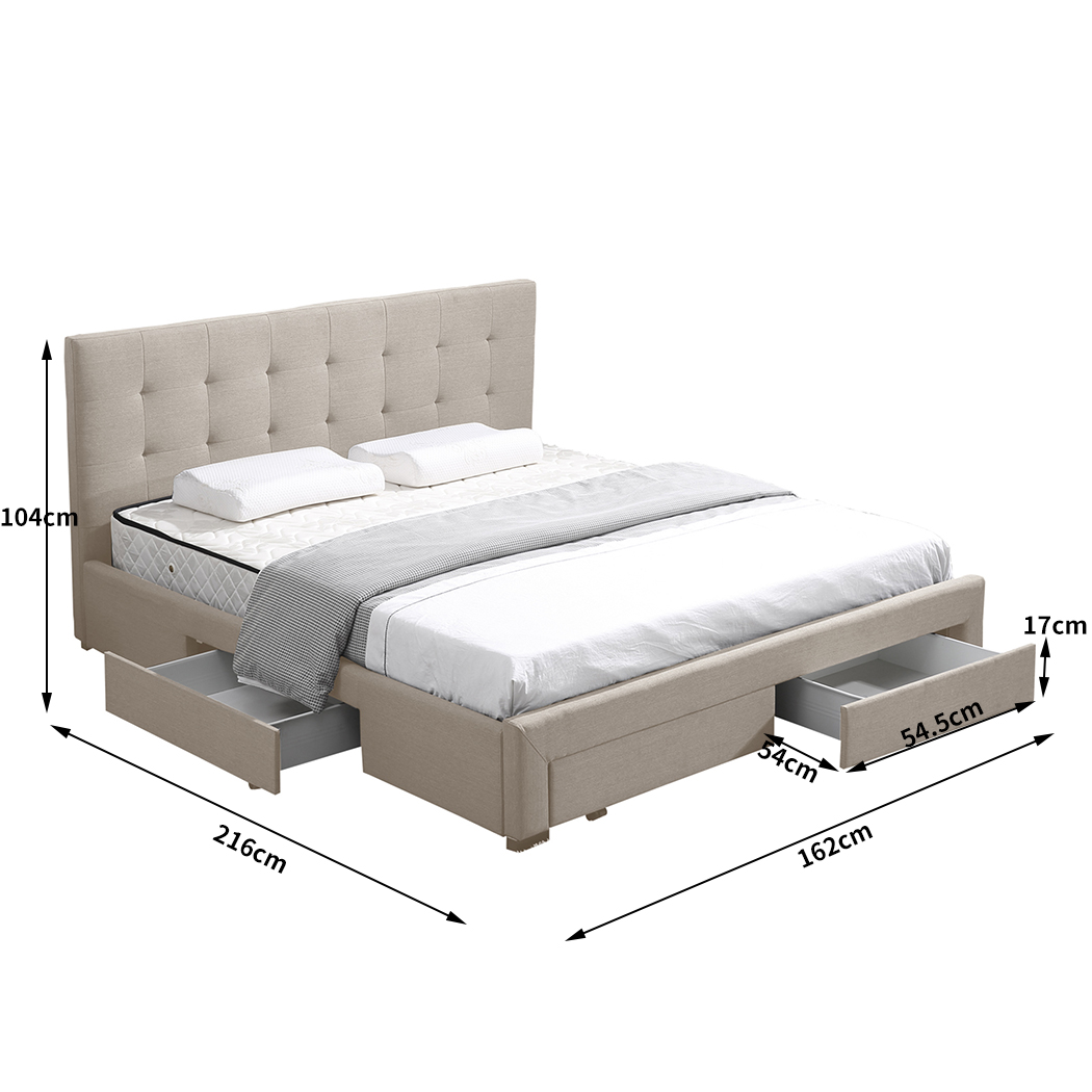 Levede Bed Frame Queen Fabric With Drawers Storage Wooden Mattress Beige