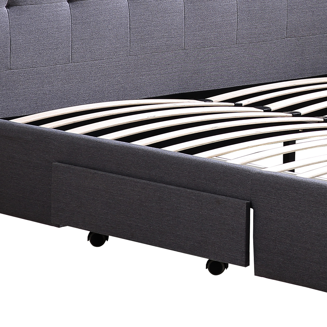 Levede Bed Frame Queen Fabric With Drawers Storage Wooden Mattress Dark Grey