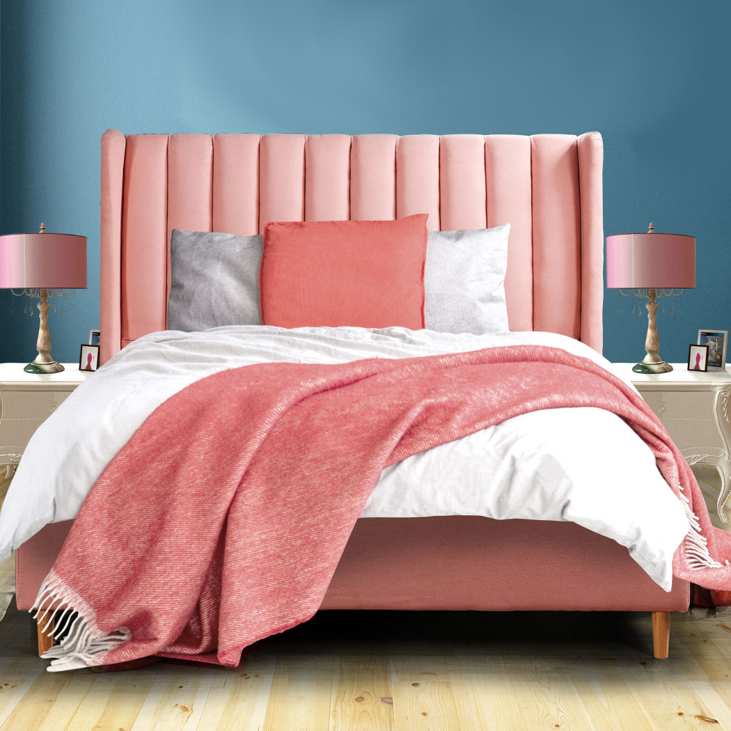 Levede Bed Frame Linen Base Bedhead Headboard Queen Size Wooden Platform Pink