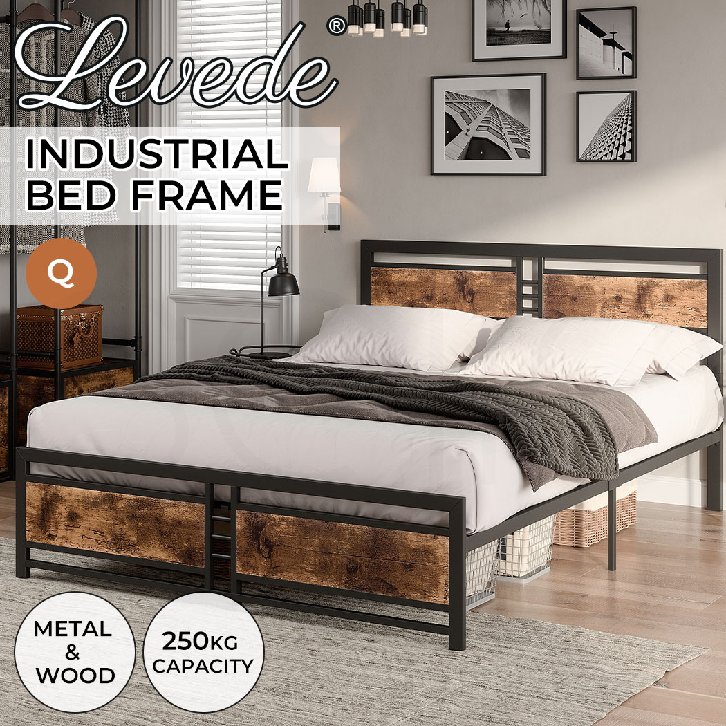 Levede Metal Bed Frame Queen Mattress Base Platform Wooden Headboard Industrial - Picture 1 of 11