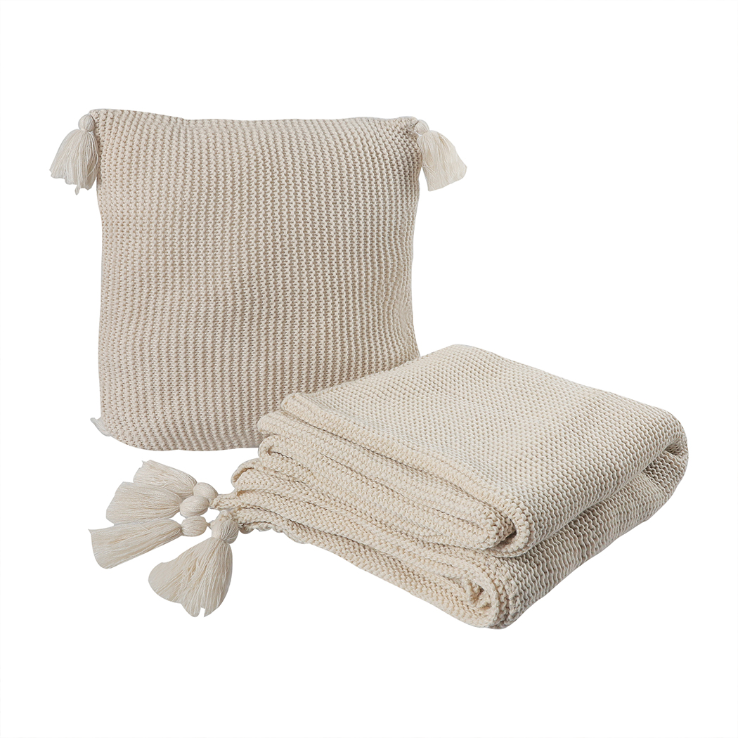 TopSellers-Knitted Throw Blanket Cushion Set - Cozy Beige Home Decor