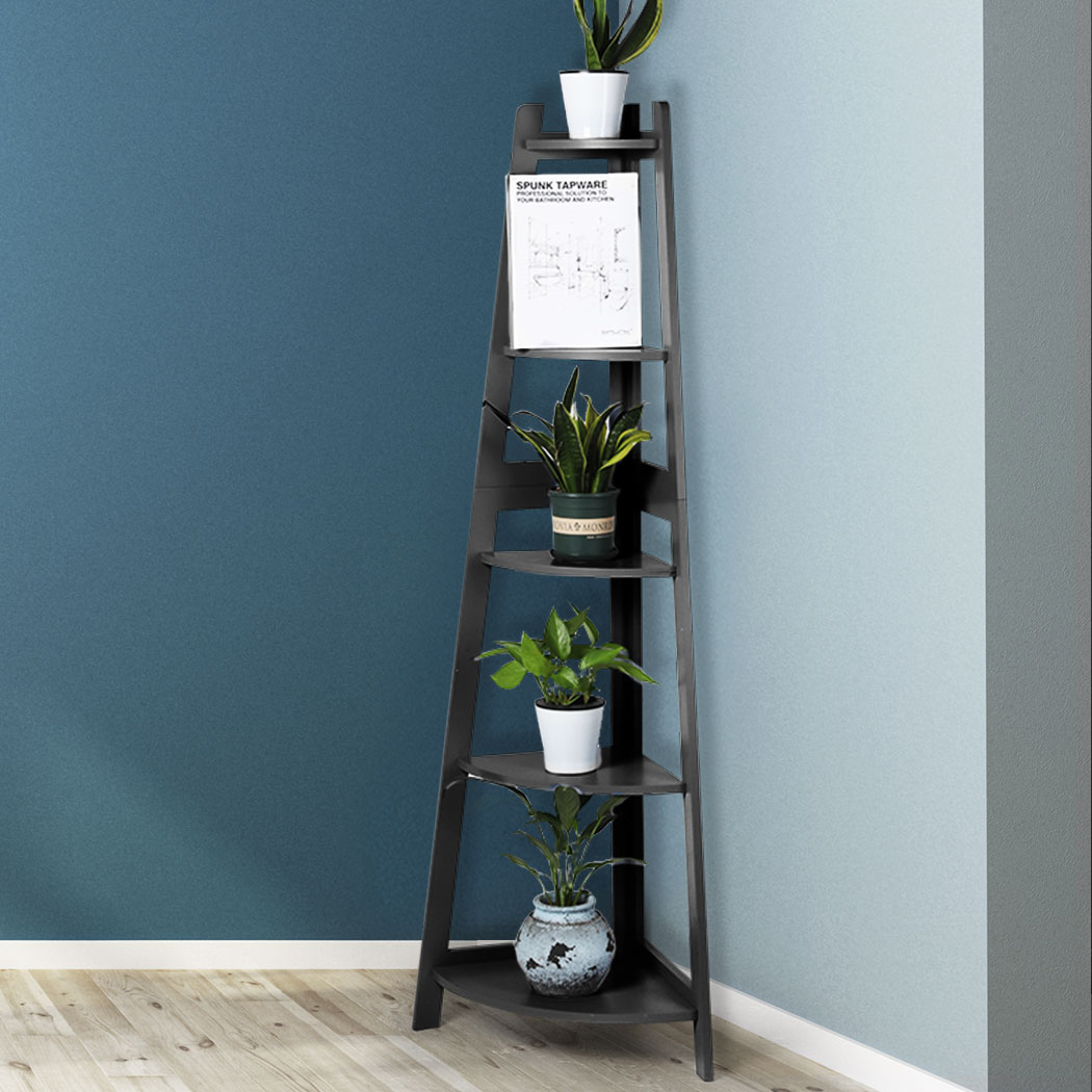 Levede 5 Tier Corner Shelf Wooden Storage Home Display Rack Plant Stand Black