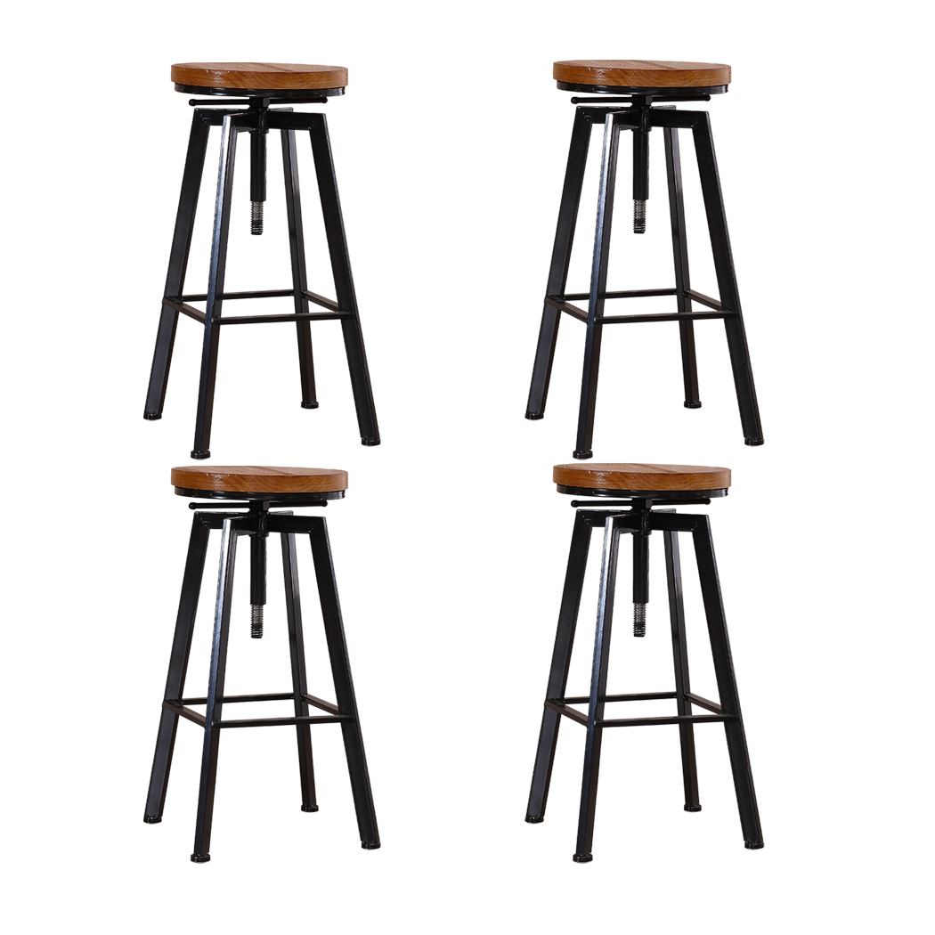 TopSellers-Industrial Bar Stools Set of 4 - Vintage Wood & Metal  Adjustable