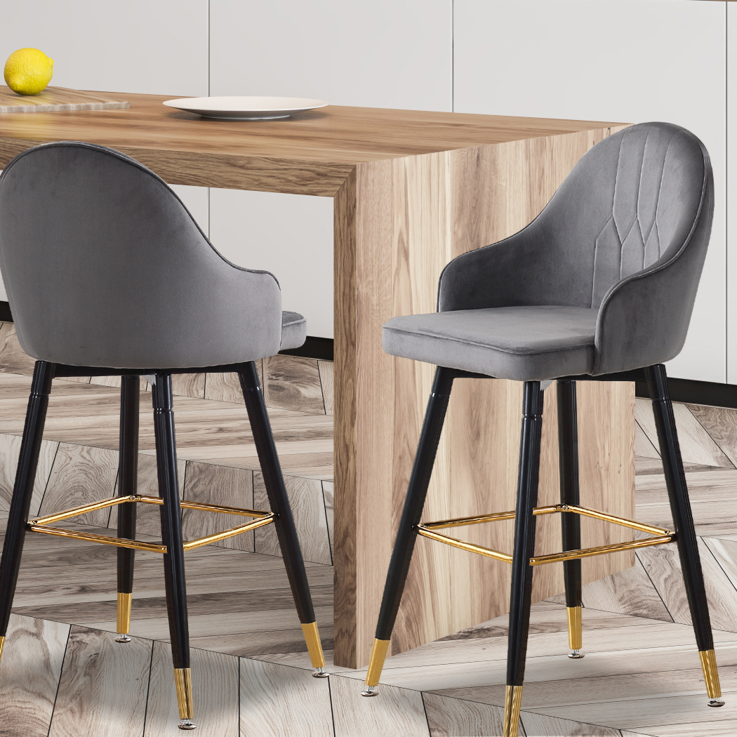 Levede 2x Bar Stools Kitchen Stool Chairs Velvet Swivel Barstools Luxury Grey