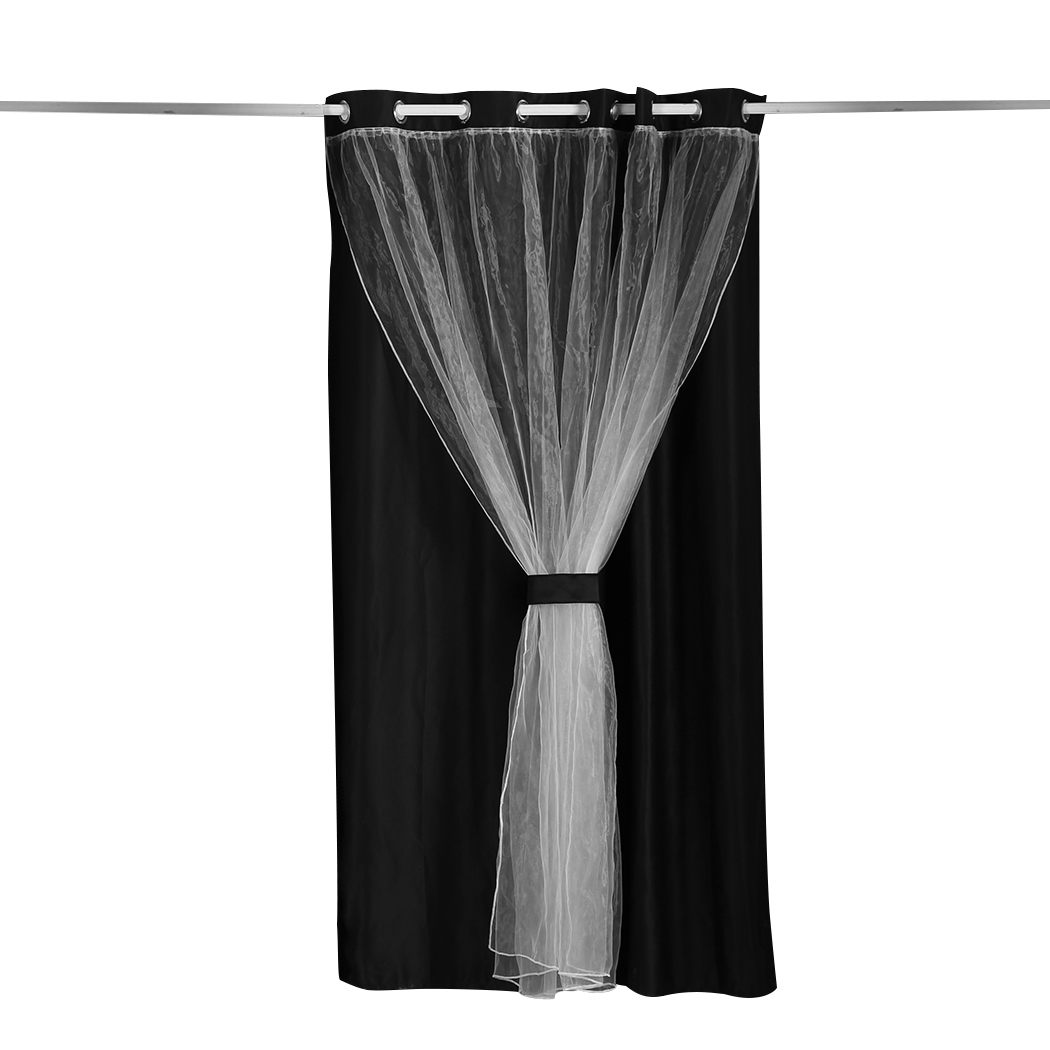 2x Blockout Curtains Panels 3 Layers with Gauze Room Darkening 140x244cm Black