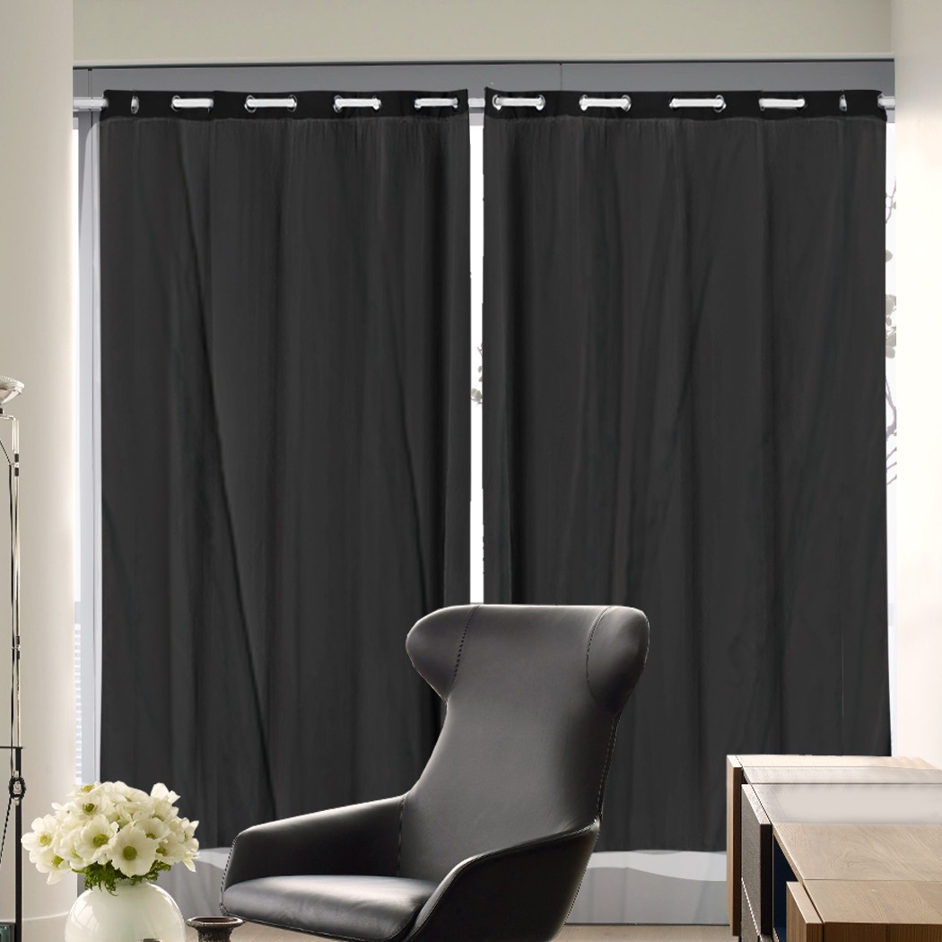 2x Blockout Curtains Panels 3 Layers with Gauze Room Darkening 180x213cm Black
