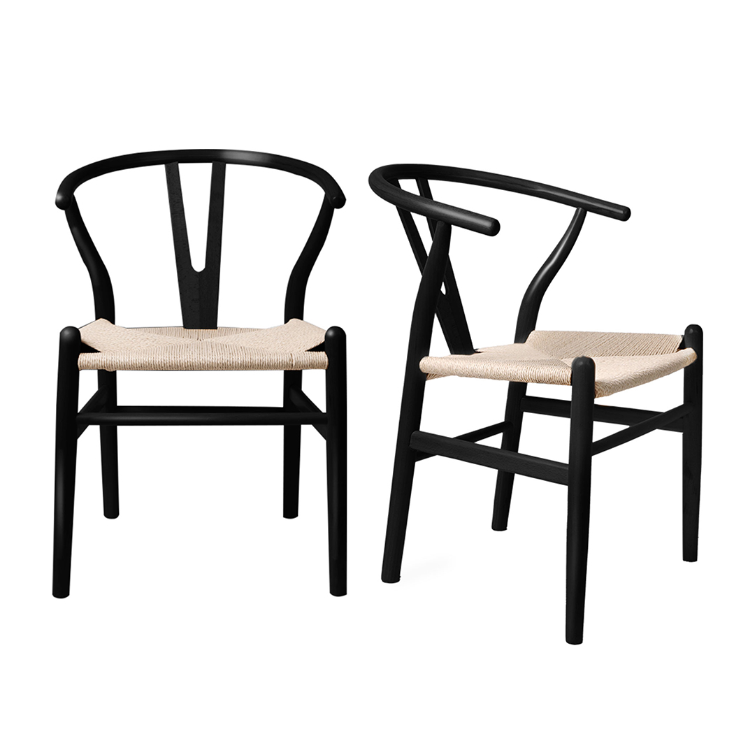 TopSellers-Wooden Dining Chairs Set of 2 - Black Rattan Modern Home Decor