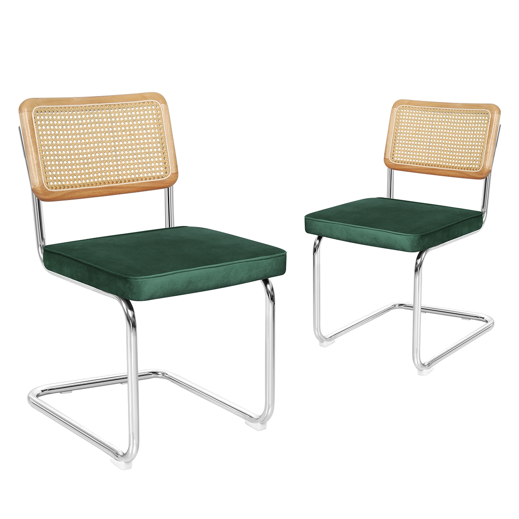 TopSellers-Rattan Dining Chairs Set of 2 - Comfortable Green Velvet Style