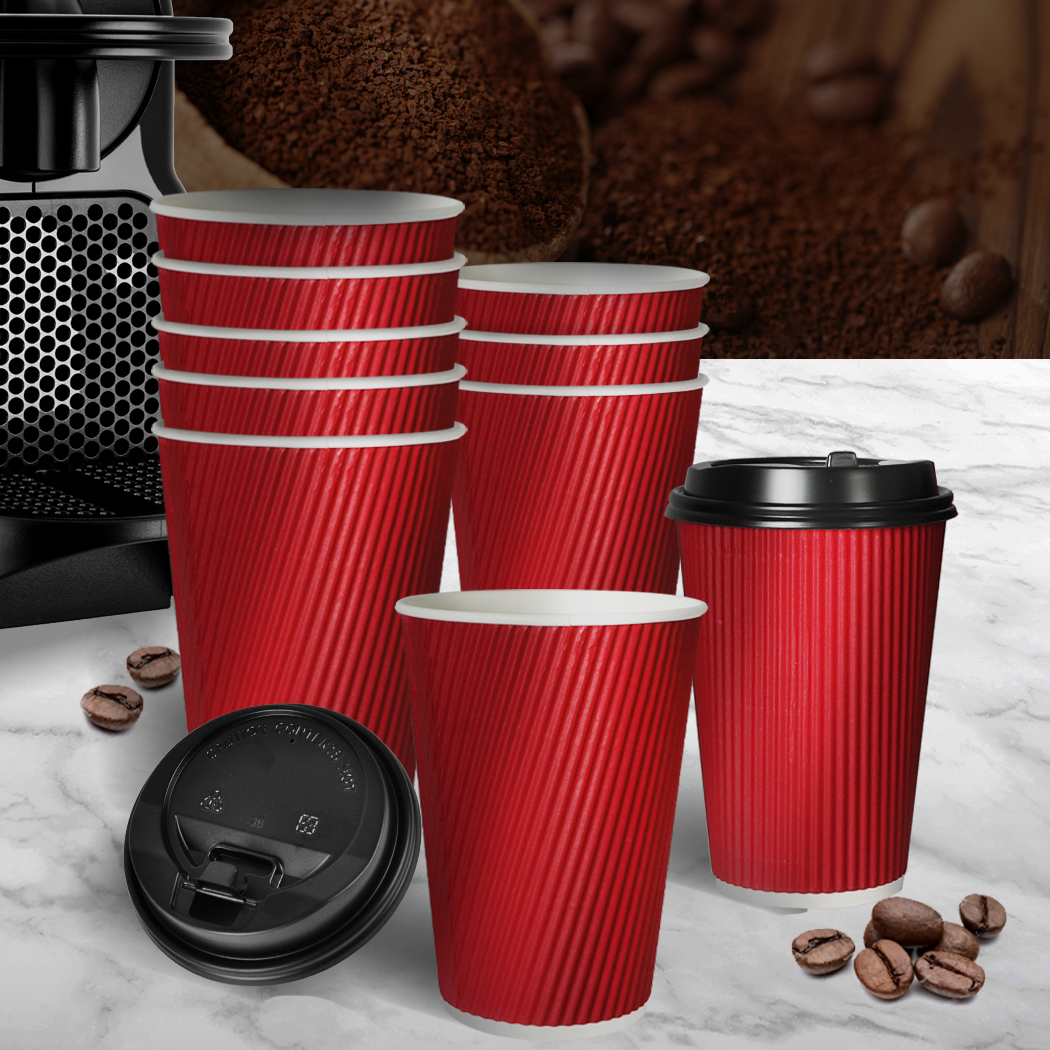 100 Pcs 16oz Disposable Takeaway Coffee Paper Cups Triple Wall Take Away w Lids