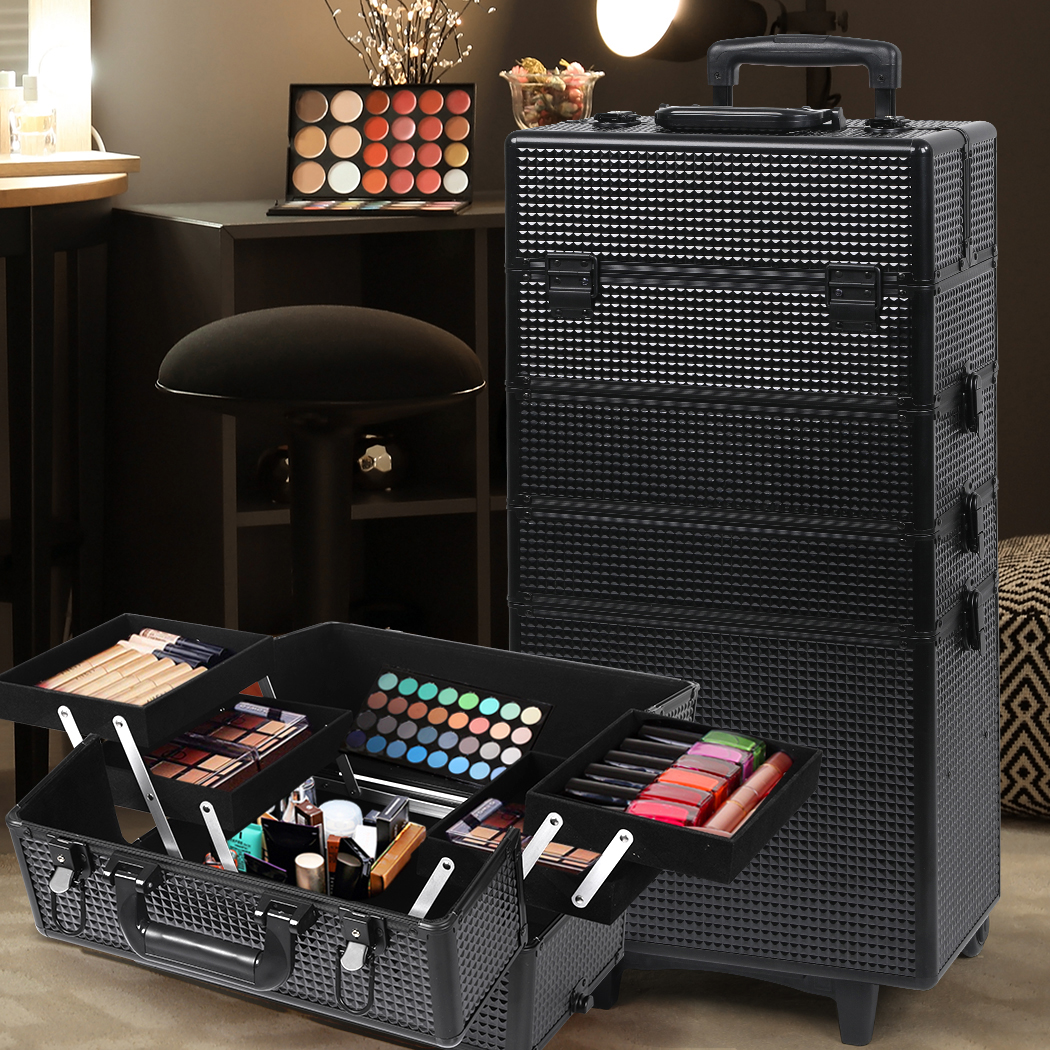 Professional Makeup Case Organizer Box Cosmetic Trolley Storage Box Black 7 In 1