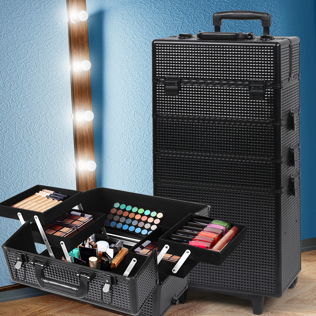 Professional Makeup Case Organizer Box Cosmetic Trolley Storage Box Black 7 In 1