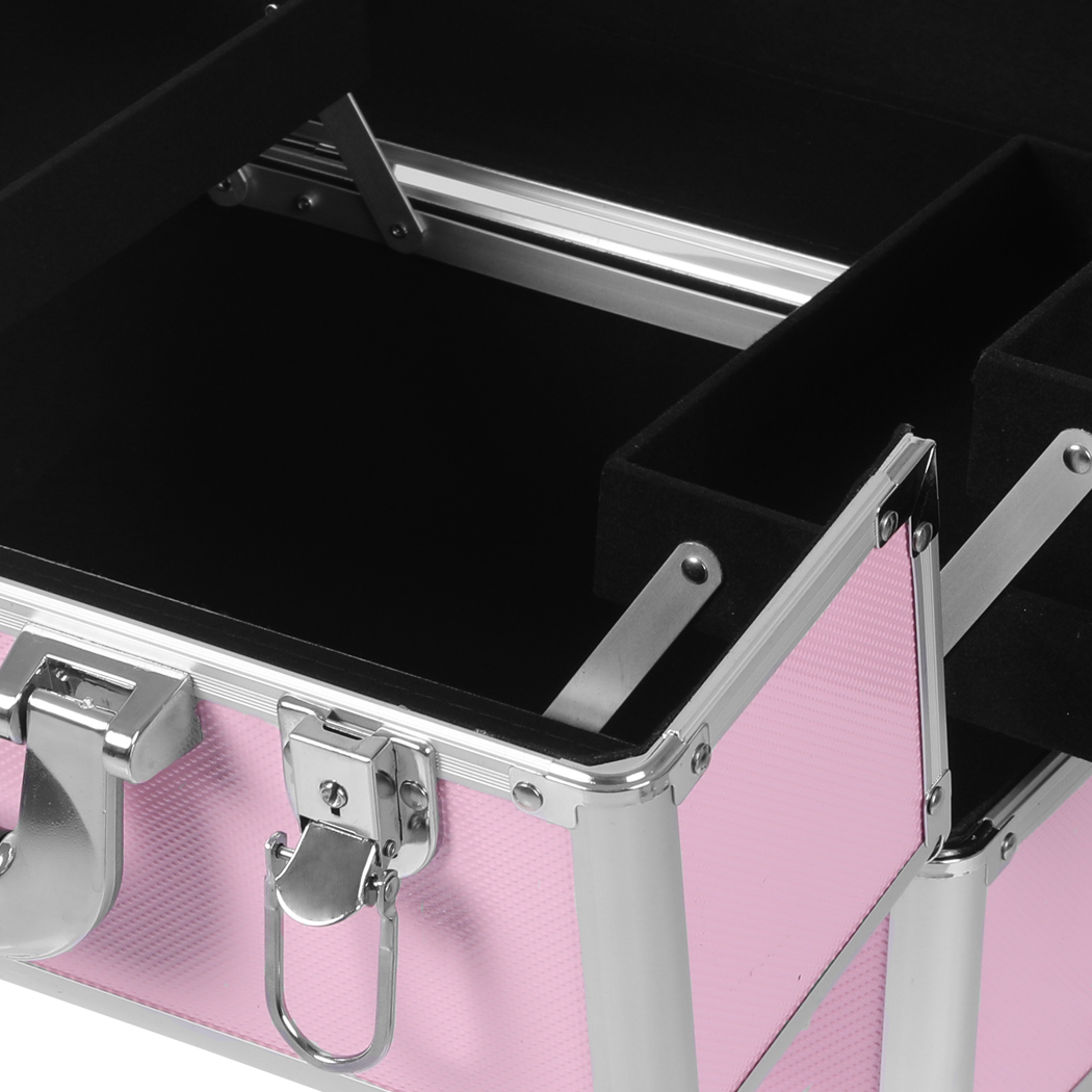Professional Makeup Trolley Rolling Makeup Case Plastic Organiser Box Pink 7IN1