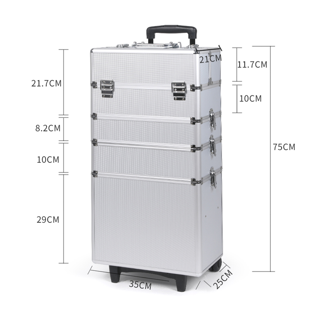 7 in 1 Rolling Makeup Case Professional Plastic Cosmetic Organizer Box Silver