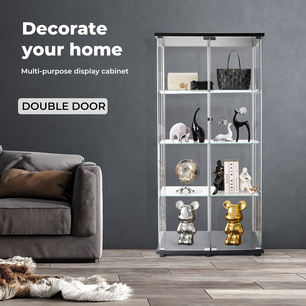 Stacked 164cm Glass Display Cabinet Collections Storage 4 Tier Shelves 2 Doors - Picture 7 of 12