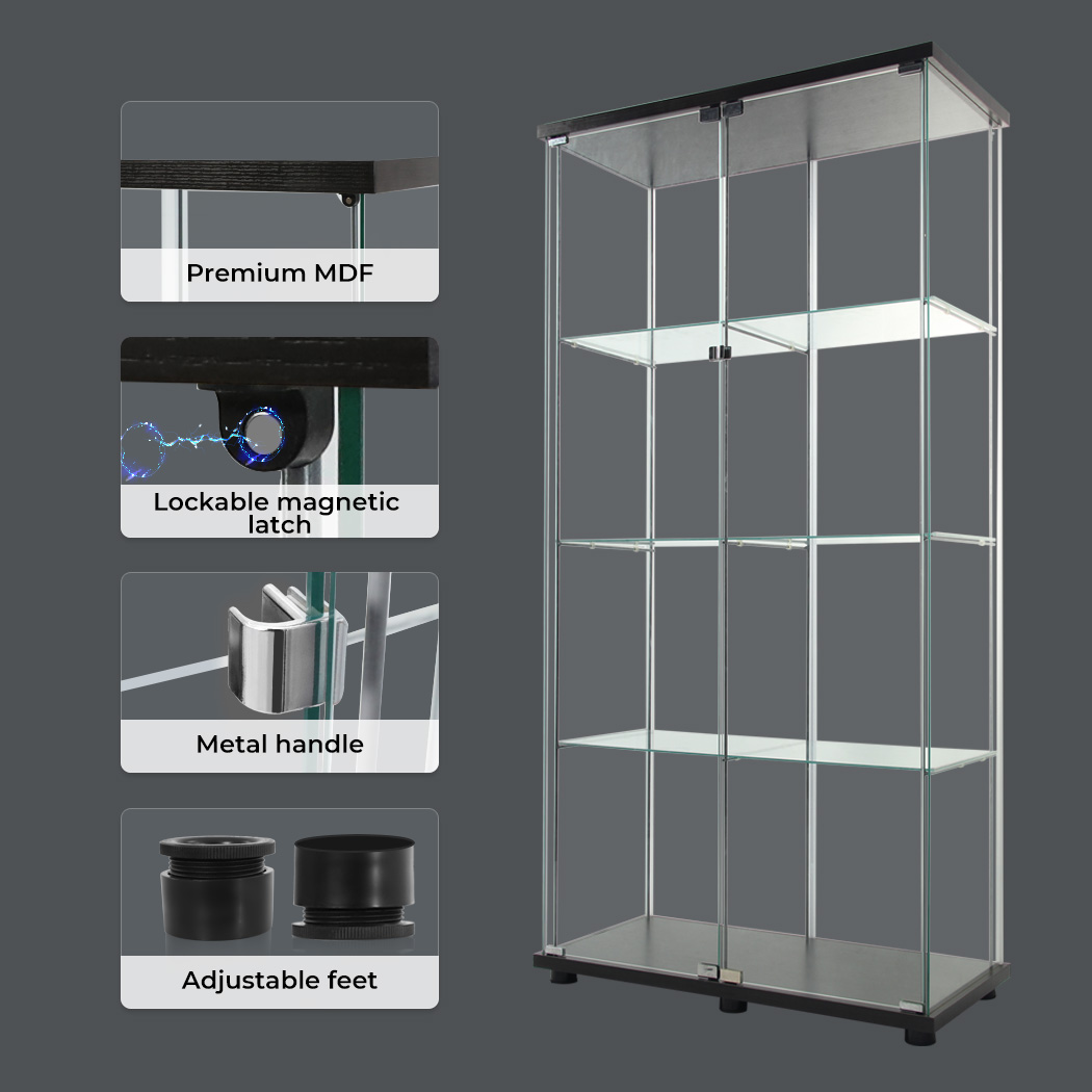 Stacked 164cm Glass Display Cabinet Collections Storage 4 Tier Shelves 2 Doors - Picture 9 of 12