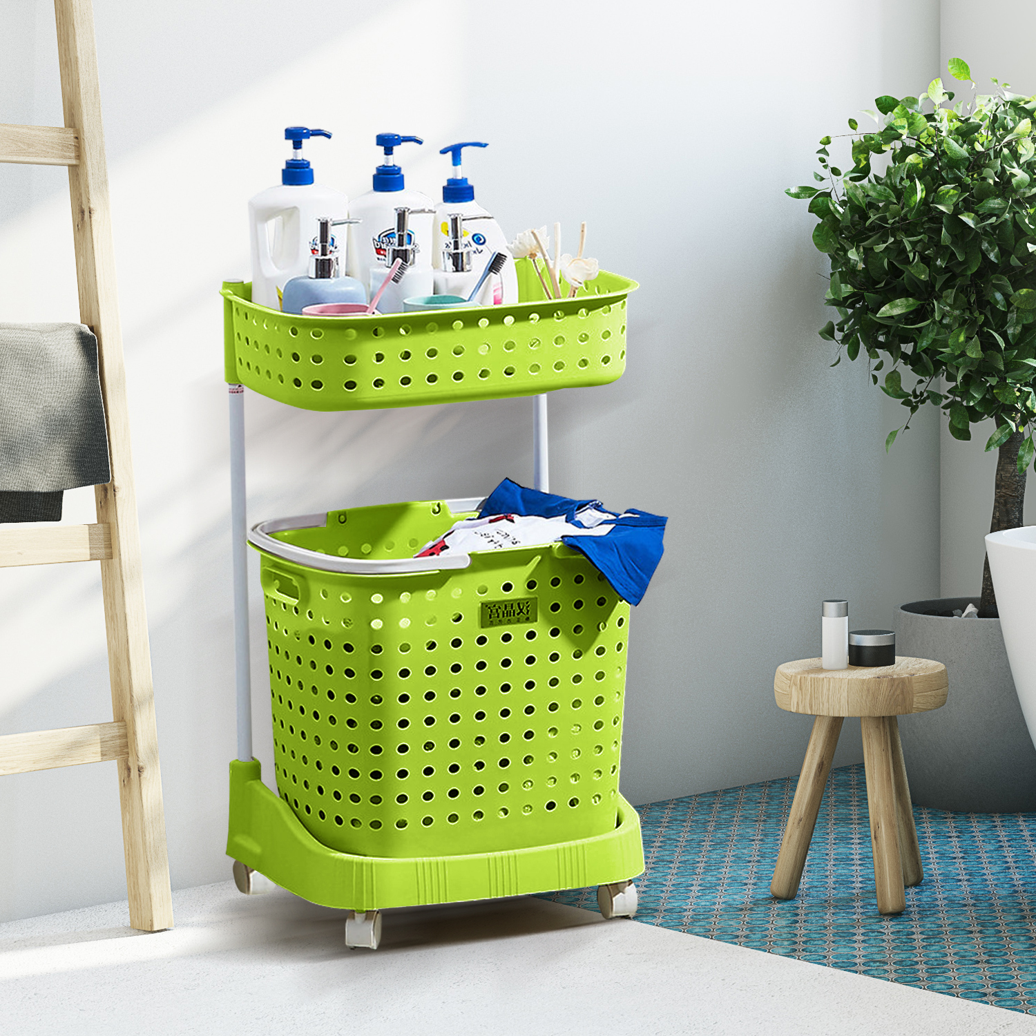 2 Tier Bathroom Laundry Clothes Baskets Bin Hamper  Removable Rack Shelf Green