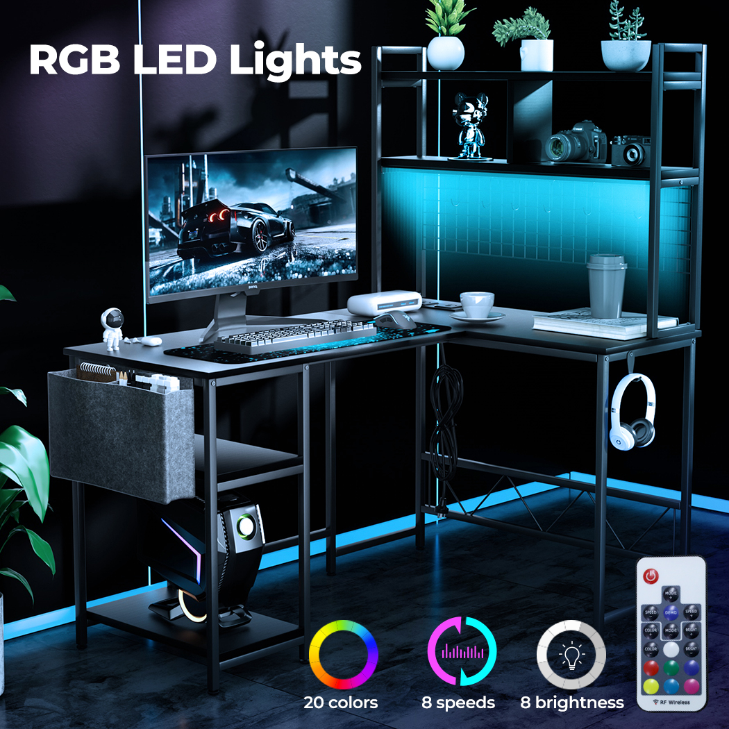 Levede Corner Gaming Computer Desk L Shaped LED Lights USB Charge Office Table - Picture 15 of 32