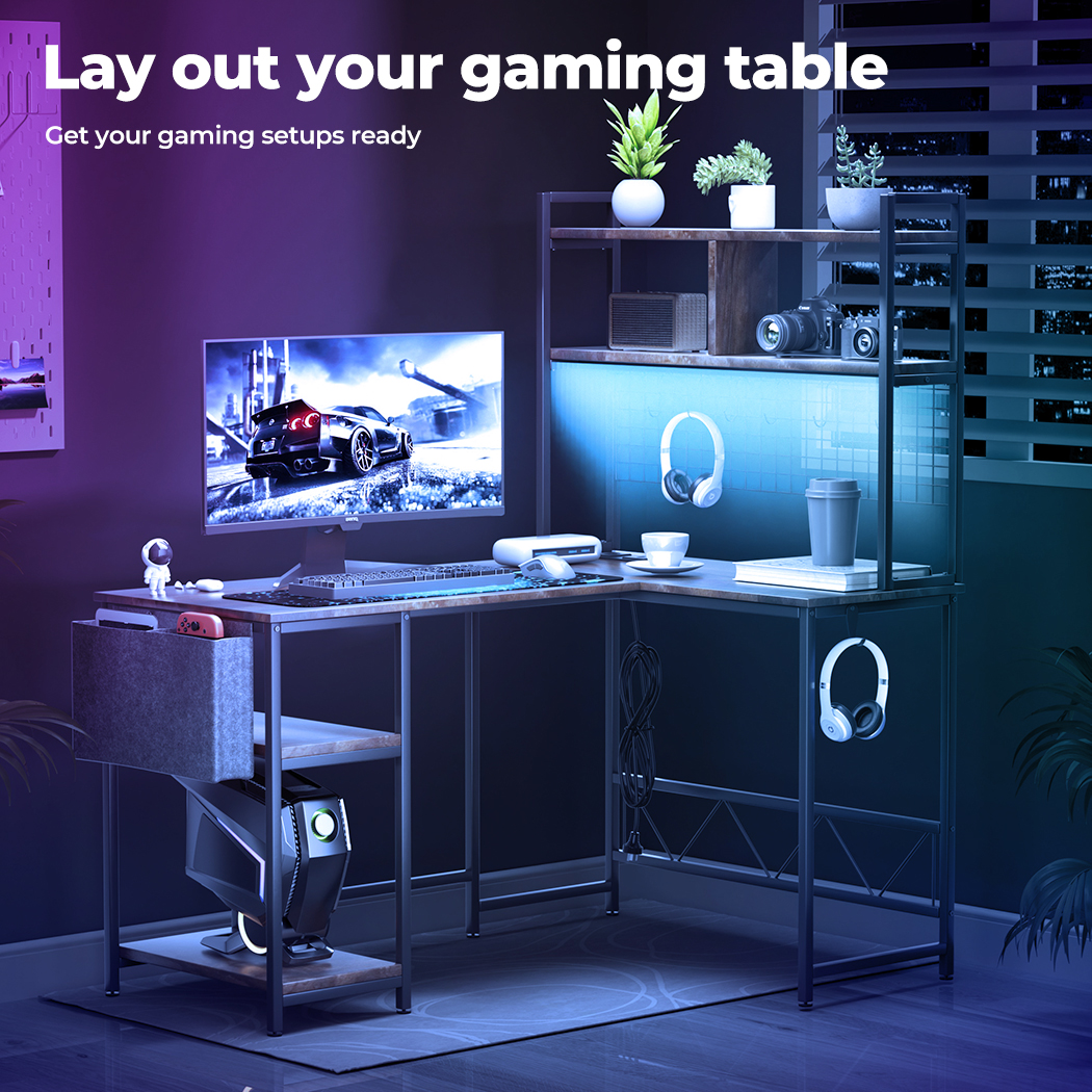 Levede Corner Gaming Computer Desk L Shaped LED Lights USB Charge Office Table - Picture 23 of 32