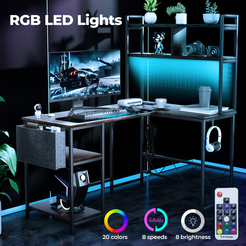Levede Corner Gaming Computer Desk L Shaped LED Lights USB Charge Office Table - Picture 25 of 32