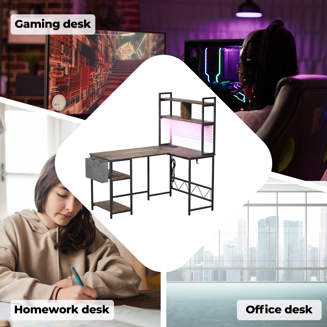 Levede Corner Gaming Computer Desk L Shaped LED Lights USB Charge Office Table - Picture 30 of 32