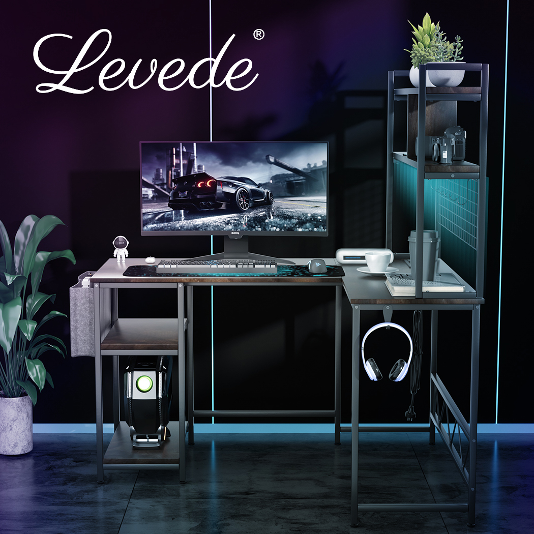 Levede Corner Gaming Computer Desk L Shaped LED Lights USB Charge Office Table - Picture 32 of 32