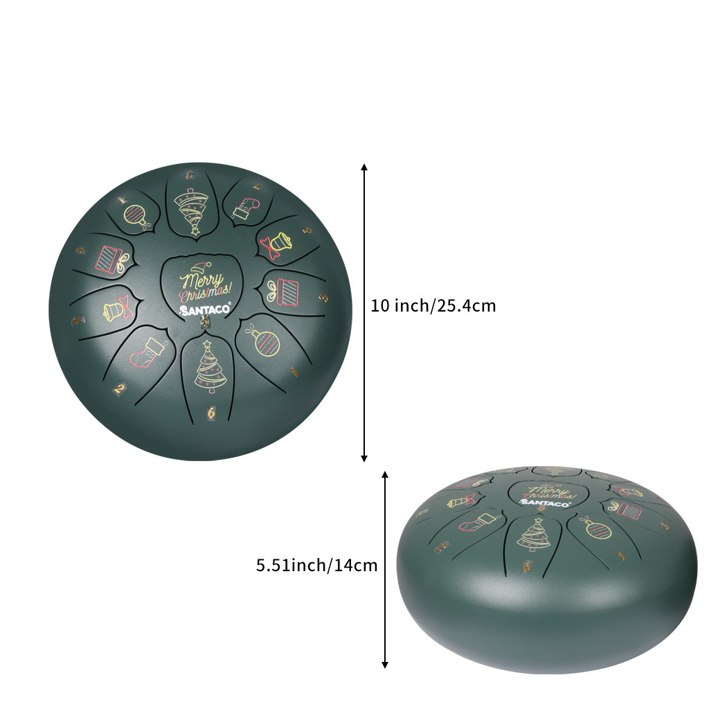 10〞Steel Tongue Drum 11 Notes Handpan Precussion Instrument With Bag Green