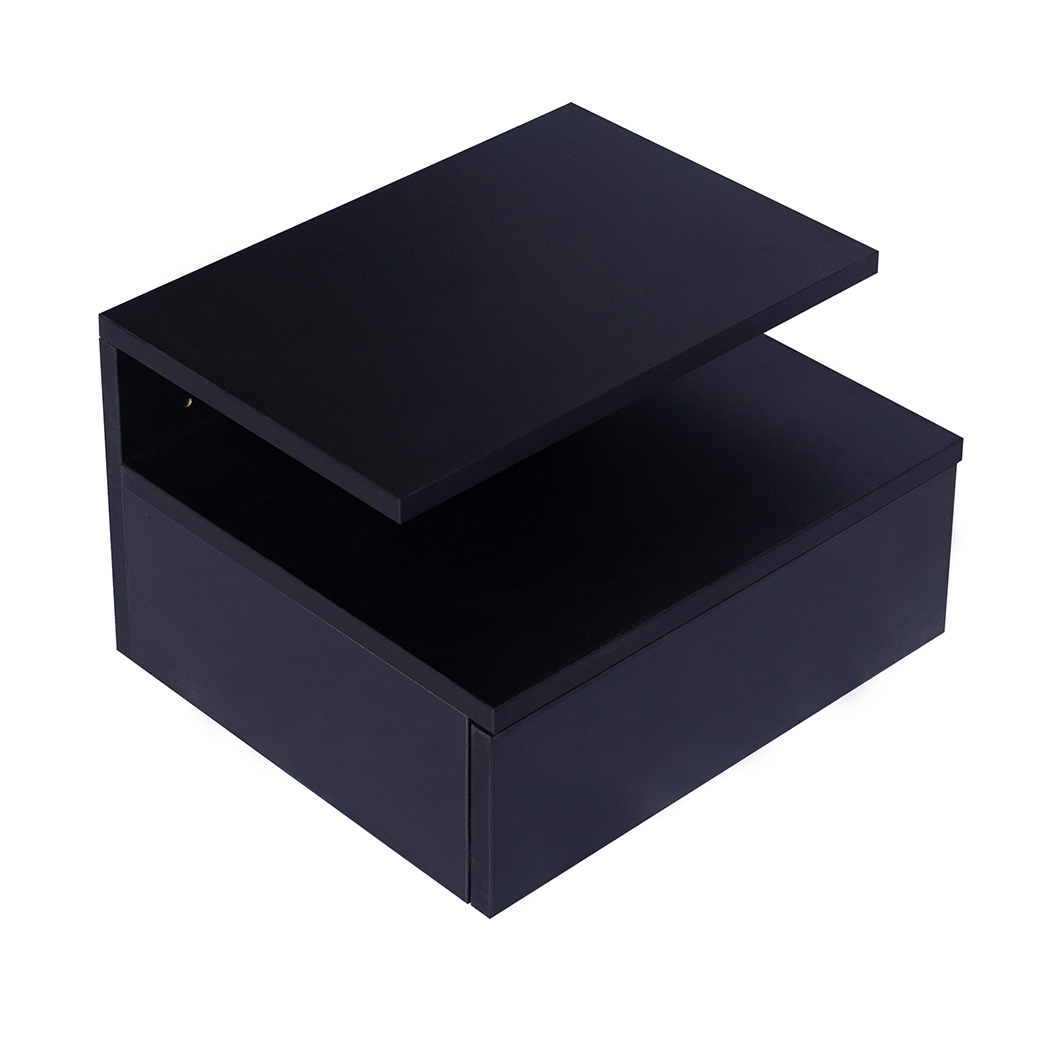 TopSellers-Black Wall Mounted Bedside Table - Modern LED Light & Storage