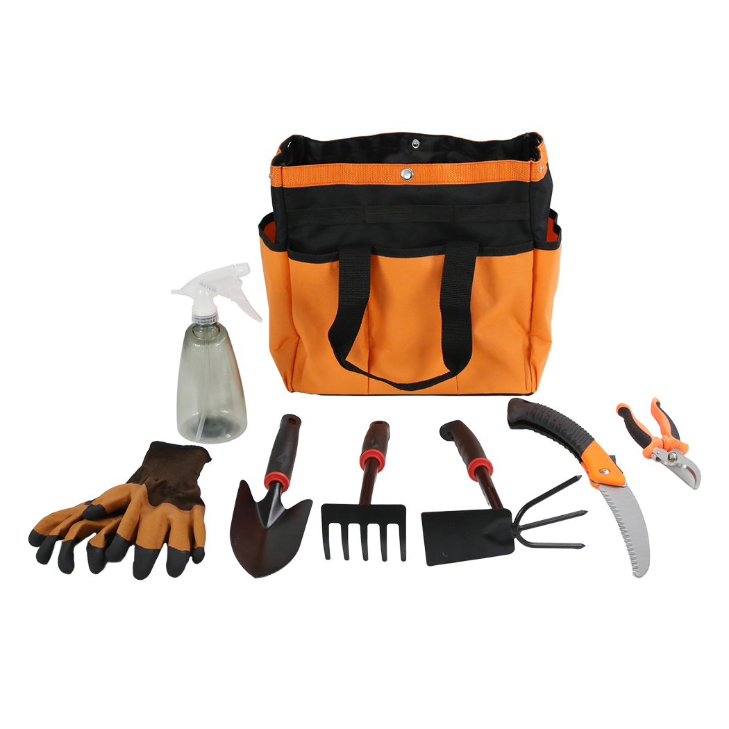 TopSellers-Gardening Tool Set - 7PC Orange Black with Gloves & Trowel